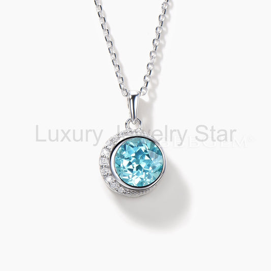 2CT Round Cut Paraiba Necklace Diamond Moon Halo White Gold Pendant
