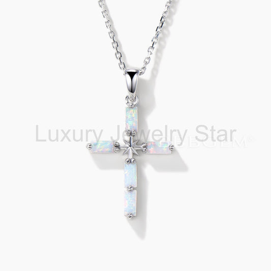 Baguette Cut White Opal Cross Necklace White Gold Starburst 5 Stone Pendant