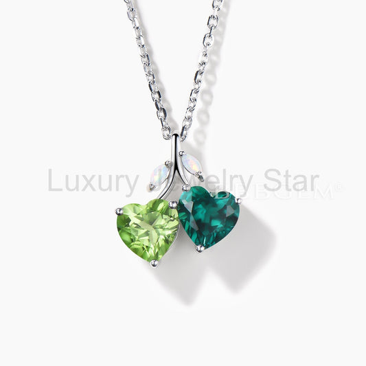 Heart Cut Peridot Emerald Toi et Moi Wedding Necklace Opal Twig Pendant