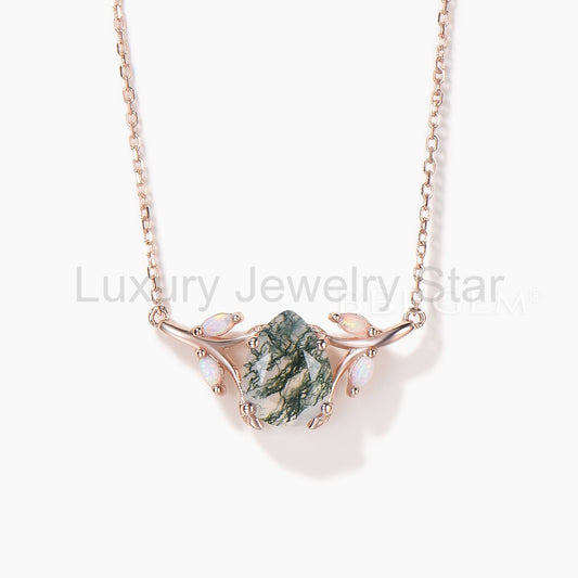 Pear Cut Natural Moss Agate Necklace Opal Branch Leaf Inspired Pendant
