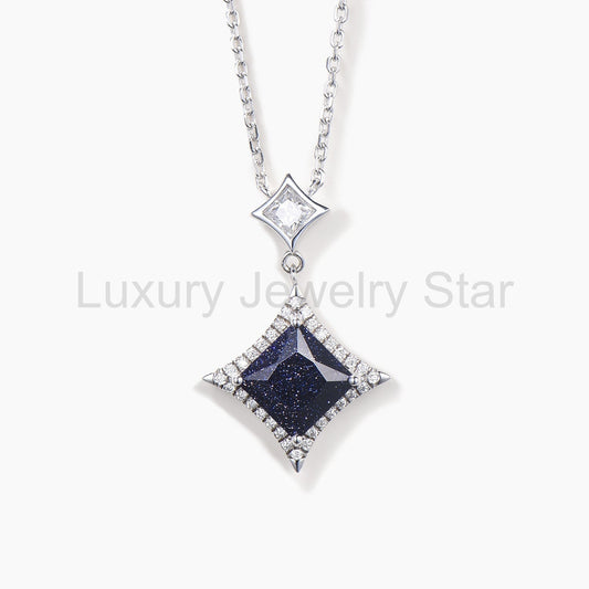 Princess Cut Blue Sandstone Necklace Moissanite Halo White Gold Pendant