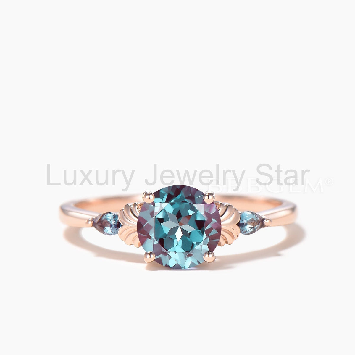 Round Cut Alexandrite Engagement Ring Color-change Gemstone Three Stone Ring
