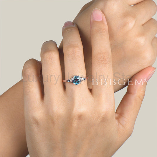 Round Cut Alexandrite Engagement Ring Color-change Gemstone Three Stone Ring - image 2