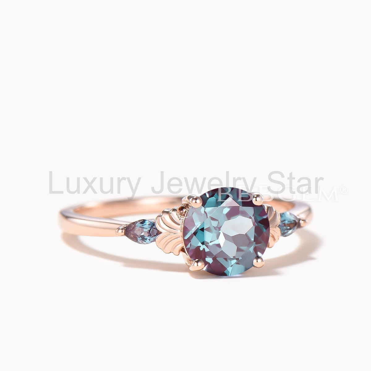 Round Cut Alexandrite Engagement Ring Color-change Gemstone Three Stone Ring - image 4