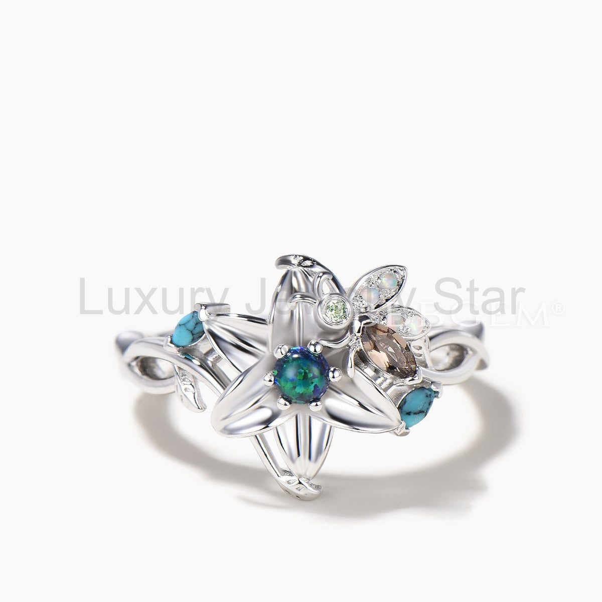Round Cut Black Opal Floral Wedding Ring Quartz Turquoise Bee Twisted Ring