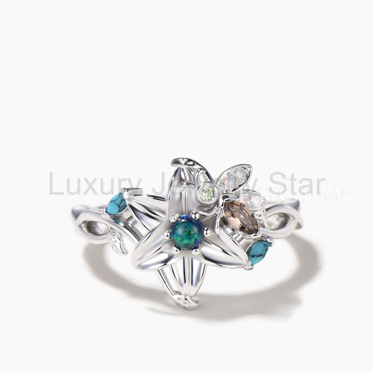 Round Cut Black Opal Floral Wedding Ring Quartz Turquoise Bee Twisted Ring