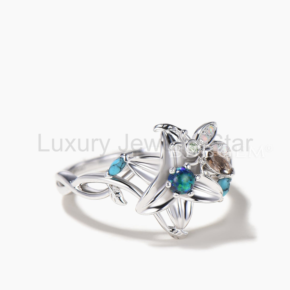 Round Cut Black Opal Floral Wedding Ring Quartz Turquoise Bee Twisted Ring - image 3