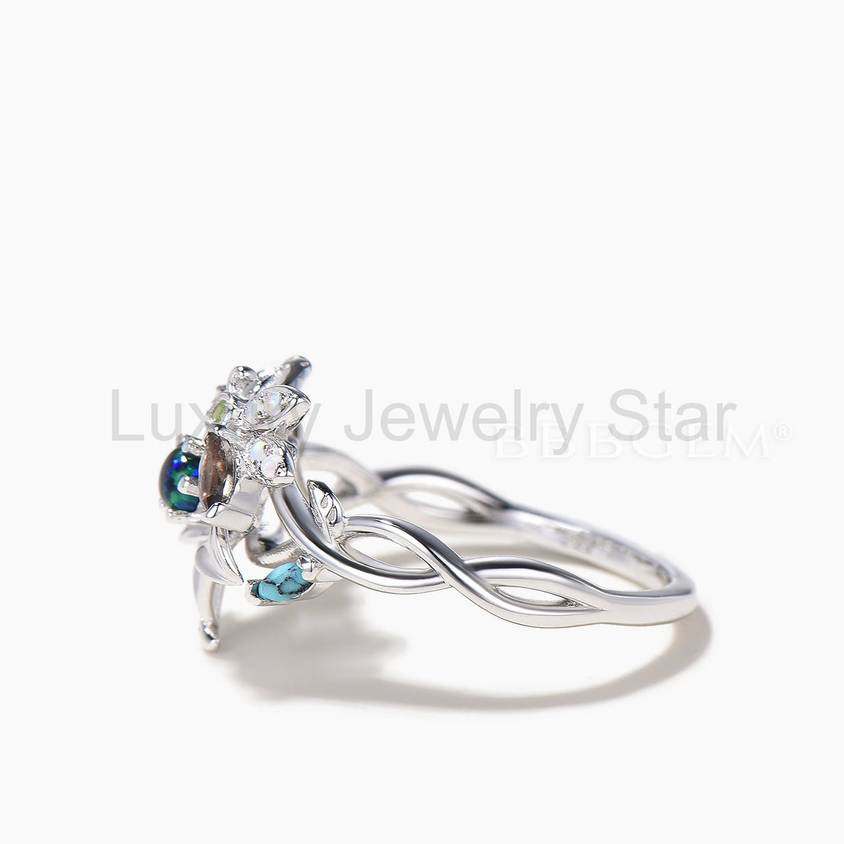 Round Cut Black Opal Floral Wedding Ring Quartz Turquoise Bee Twisted Ring - image 4