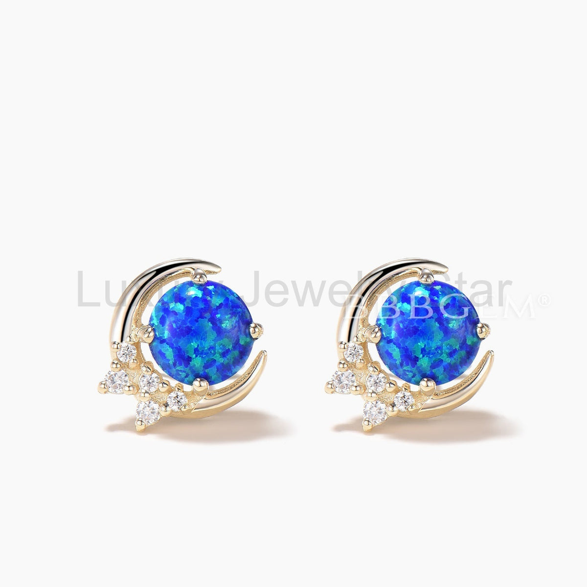 Round Cut Black Opal Moon Stud Earrings Diamond Yellow Gold Wedding Earrings