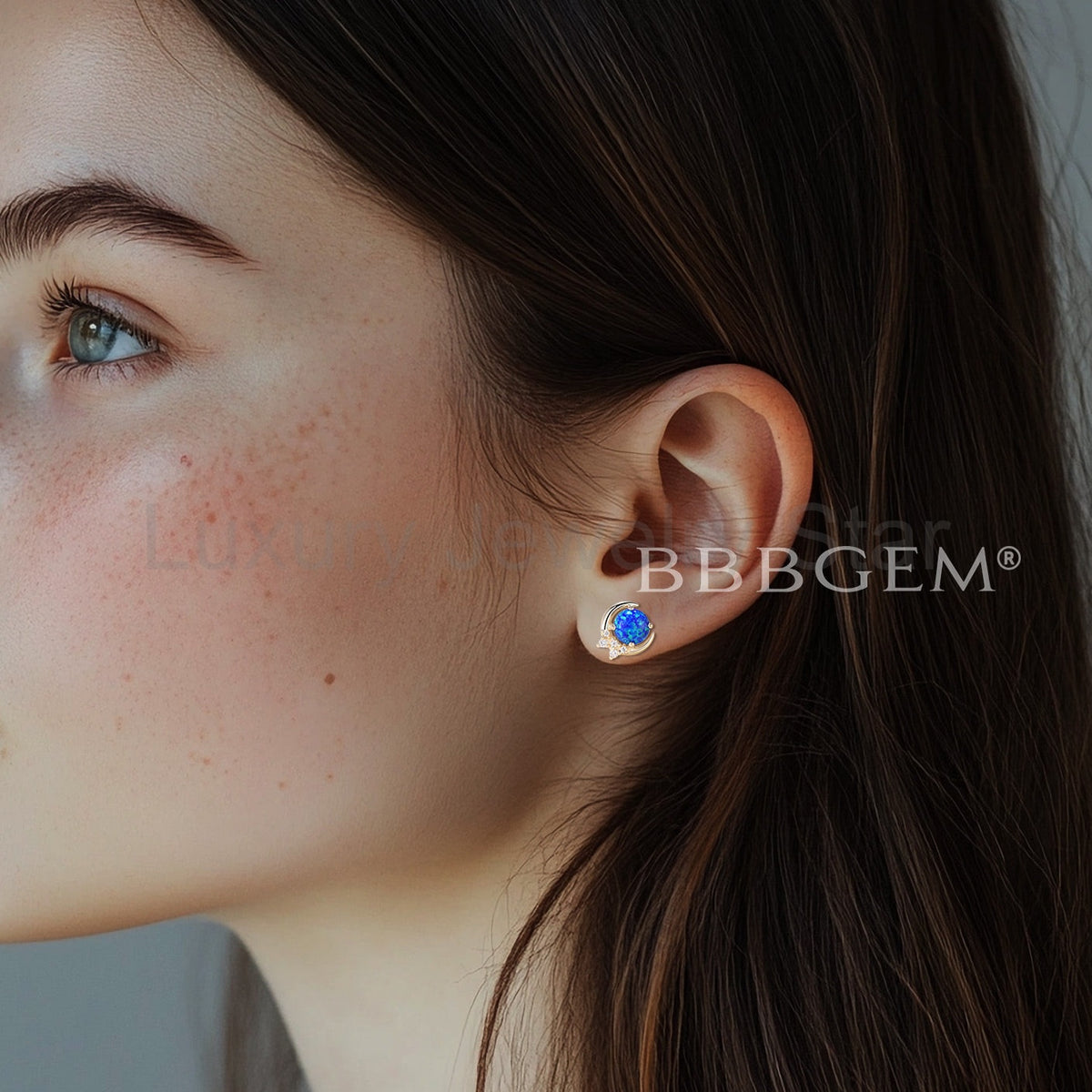 Round Cut Black Opal Moon Stud Earrings Diamond Yellow Gold Wedding Earrings - image 2