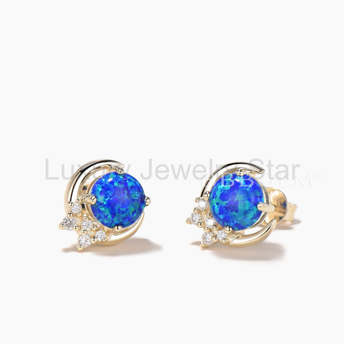 Round Cut Black Opal Moon Stud Earrings Diamond Yellow Gold Wedding Earrings - image 3