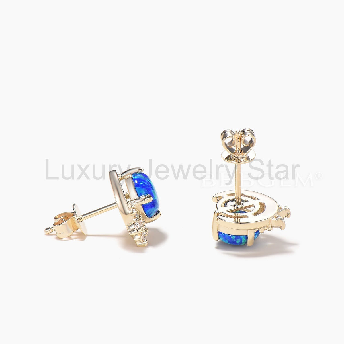 Round Cut Black Opal Moon Stud Earrings Diamond Yellow Gold Wedding Earrings - image 4