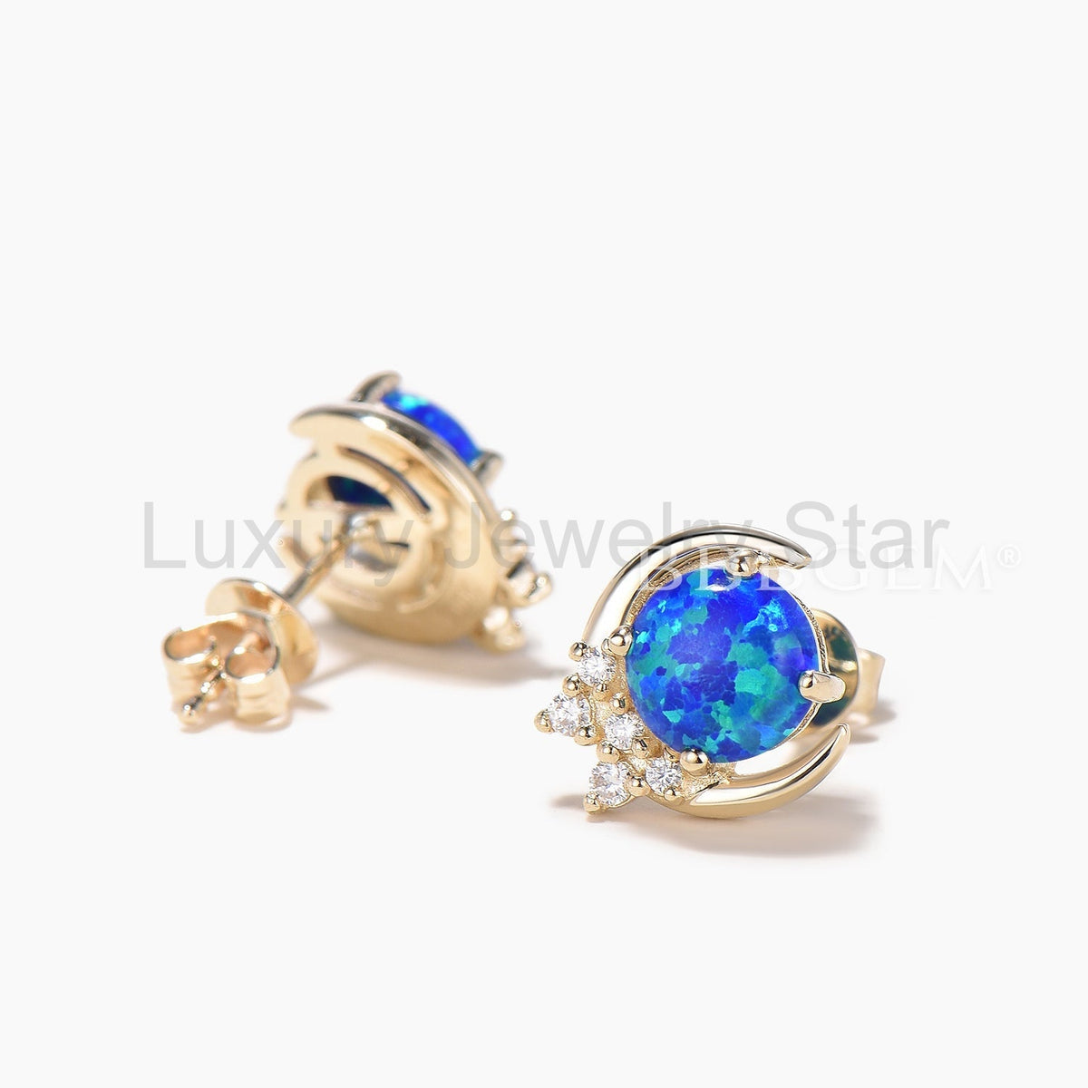 Round Cut Black Opal Moon Stud Earrings Diamond Yellow Gold Wedding Earrings - image 5