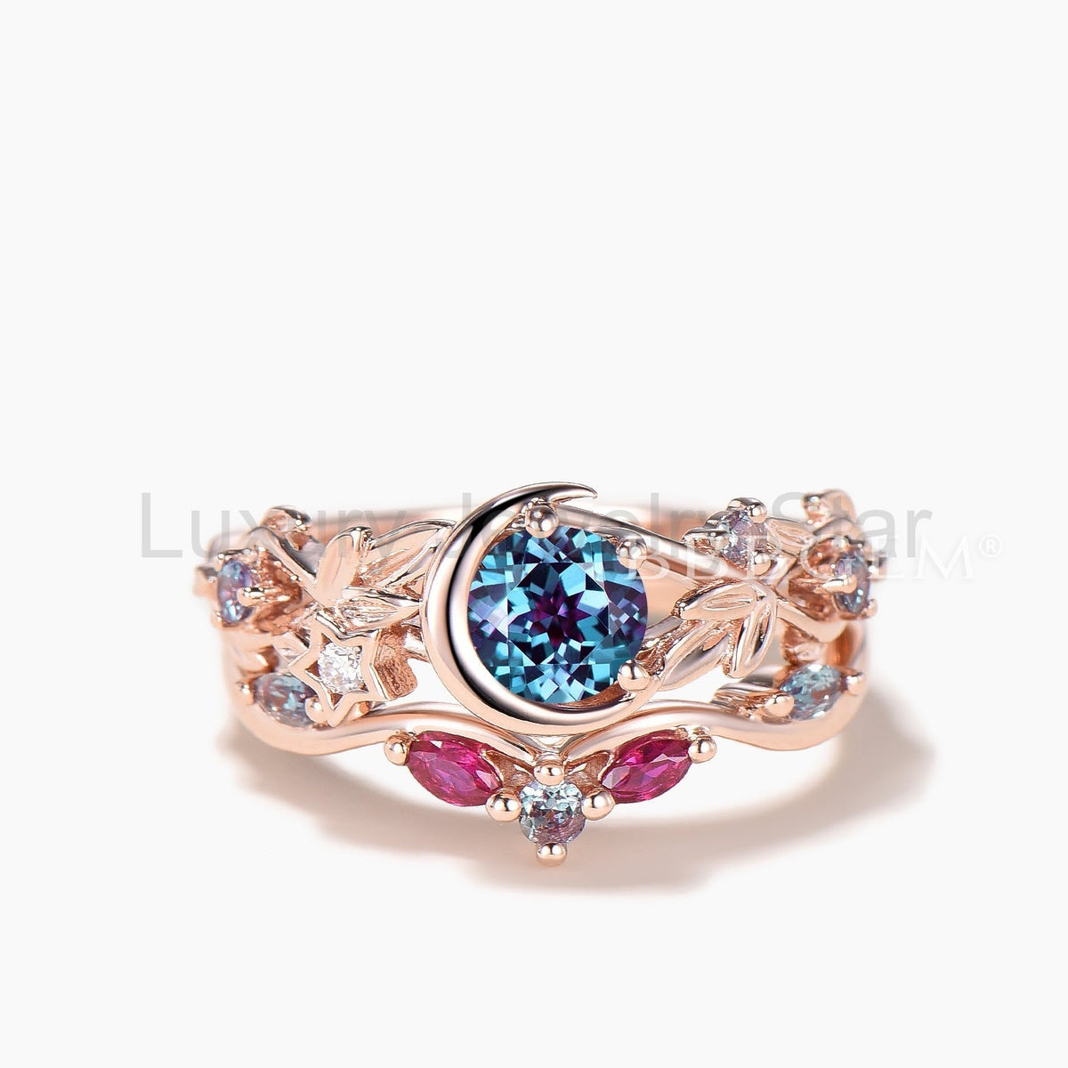 Round Cut Color-change Alexandrite Moon Twisted Ring Ruby Band Bridal Set