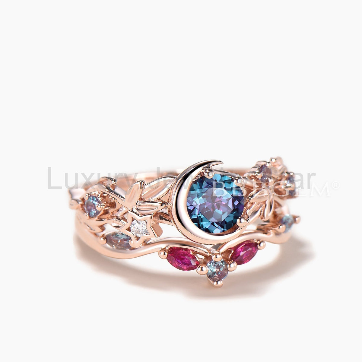 Round Cut Color-change Alexandrite Moon Twisted Ring Ruby Band Bridal Set - image 4