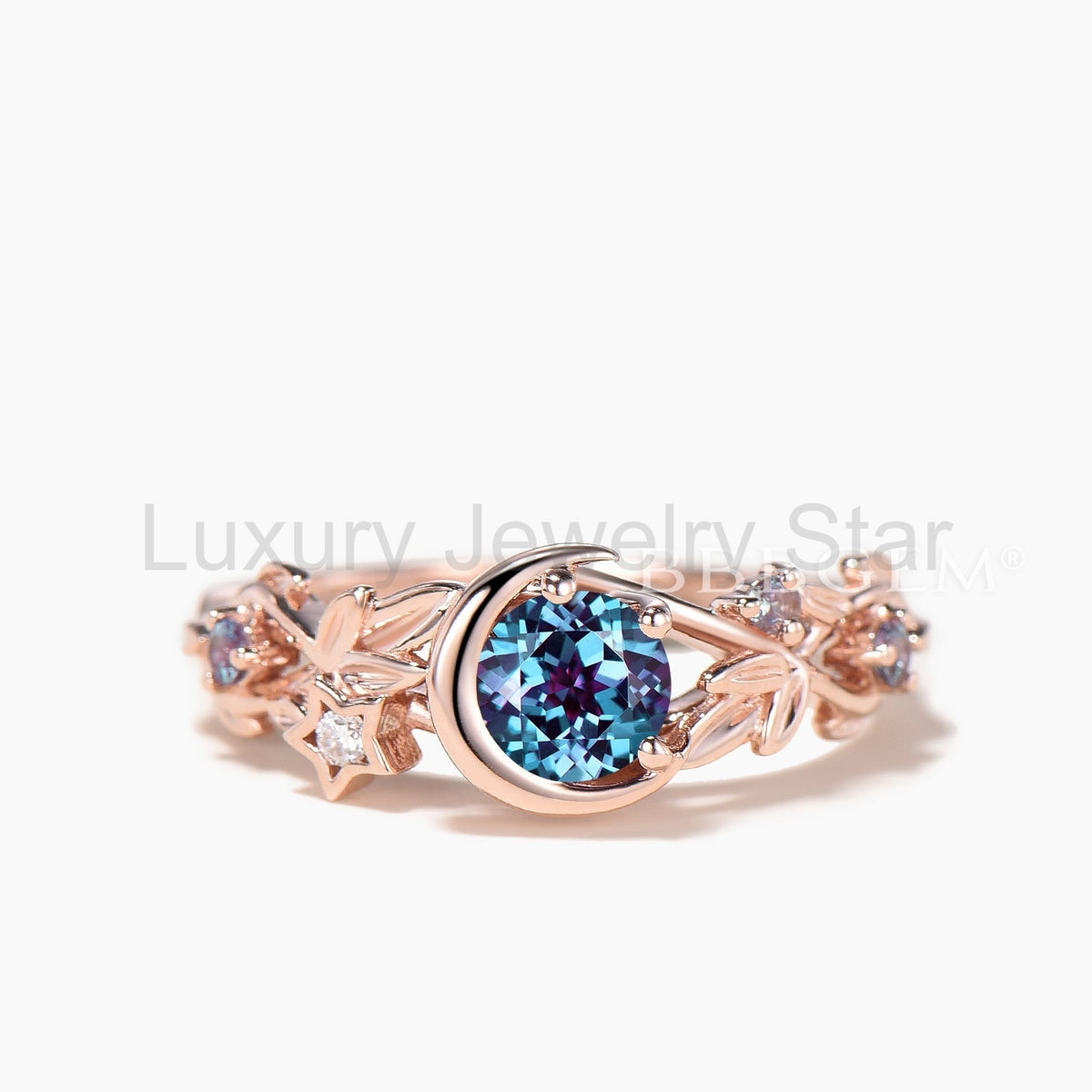 Round Cut Color-change Alexandrite Moon Twisted Ring Ruby Band Bridal Set - image 5