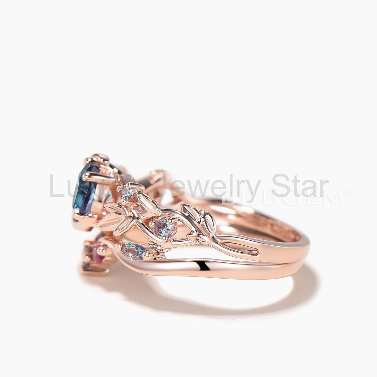 Round Cut Color-change Alexandrite Moon Twisted Ring Ruby Band Bridal Set - image 6