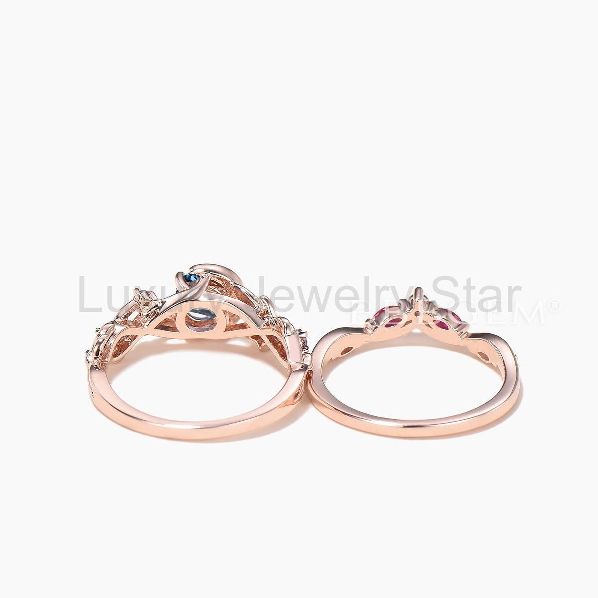 Round Cut Color-change Alexandrite Moon Twisted Ring Ruby Band Bridal Set - image 7