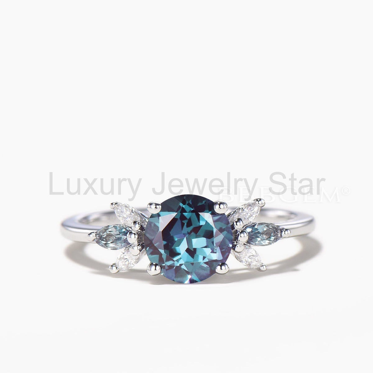 Round Cut Color-change Alexandrite Wedding Ring Marquise Diamond Cluster Ring