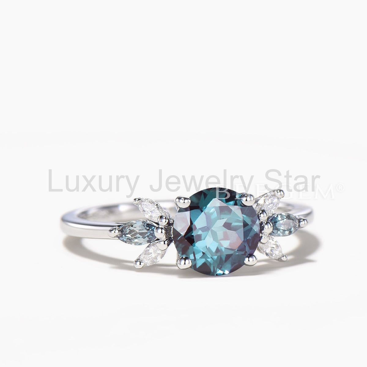 Round Cut Color-change Alexandrite Wedding Ring Marquise Diamond Cluster Ring - image 4