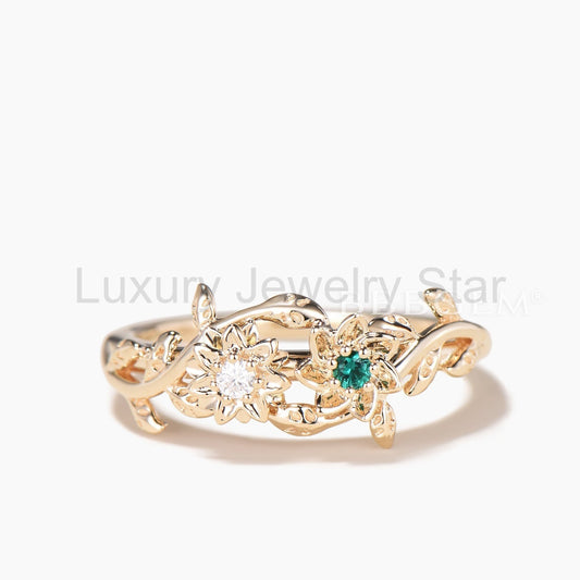 Round Cut Emerald Moissanite Floral Toi et Moi Wedding Ring Nature Inspired Ring