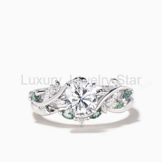 Round Cut IGI Certificate Lab Grown Diamond Ring Agate Nature Inspired Ring Set