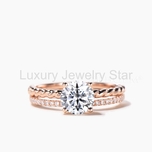 Round Cut IGI Certificate Lab Grown Diamond Solitaire Ring Twisted Bridal Set