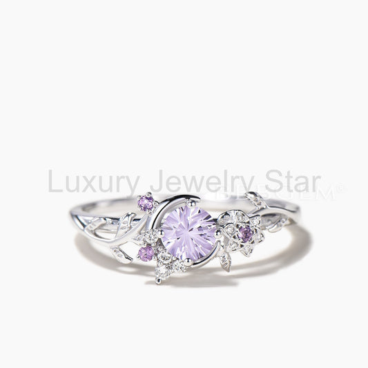 Round Cut Lavender Sapphire Moon Celestial Amethyst Inspired Engagement Ring