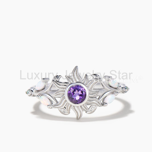 Round Cut Natural Amethyst Rapunzel Sun Engagement Ring Opal Accent Ring