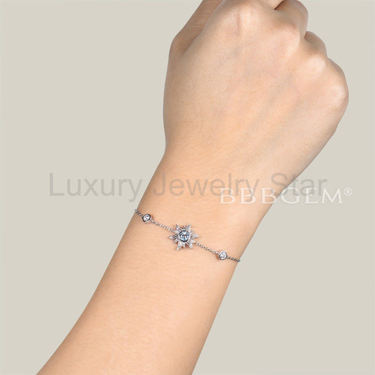 Round Cut Natural Aquamarine Sun Bezel Bracelet Moissanite Wedding Bracelet - image 2