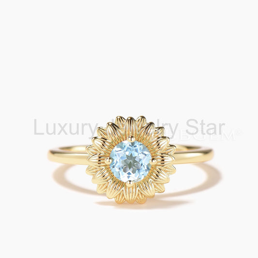 Round Cut Natural Aquamarine Sunflower Engagement Ring Solitaire Ring