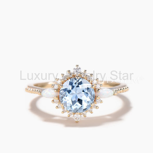 Round Cut Natural Aquamarine Wedding Ring Diamond Halo Opal Accent Ring