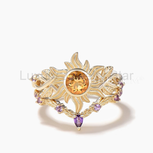 Round Cut Natural Citrine Sun Bezel Twisted Ring Set Amethyst Leaf Band
