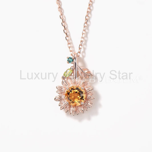 Round Cut Natural Citrine Sunflower Necklace Peridot Leaf Twig Inspired Pendant