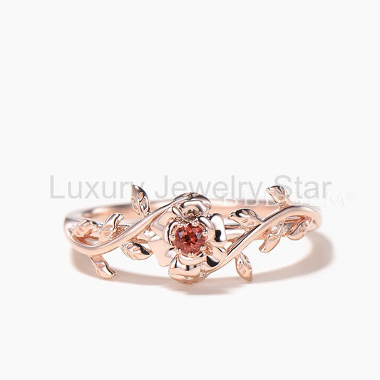 Round Cut Natural Garnet Floral Engagement Ring Natural Inspired Solitaire Ring