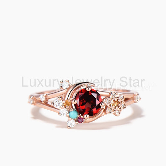 Round Cut Natural Garnet Moon Ring Citrine Moissanite Split Shank Ring