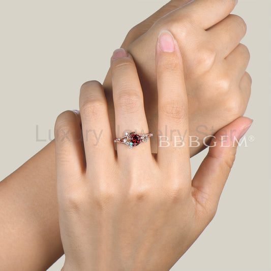 Round Cut Natural Garnet Moon Ring Citrine Moissanite Split Shank Ring - image 2