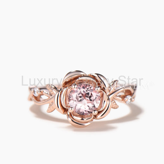 Round Cut Natural Morganite Floral Ring Diamond Inspired Rose Gold Twisted Ring