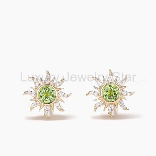 Round Cut Natural Peridot Sun Stud Earrings Diamond Wedding Earrings