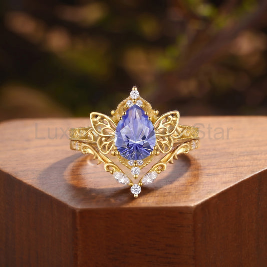 Butterfly Pear Cut Tanzanite Filigree Bridal Set 2PCS - Aurore