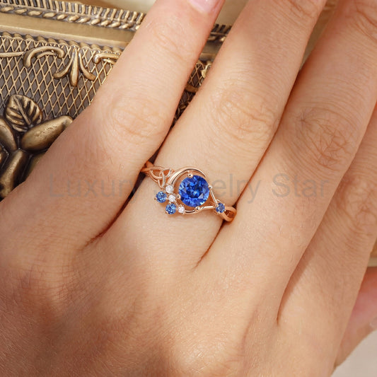 Celtic Knot Crescent Moon Round Cut Sapphire Engagement Ring - Brigid
