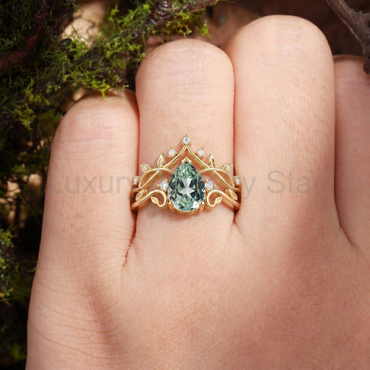 Classic Crown Pear Cut Green Sapphire Cluster Engagement Ring - Queenie