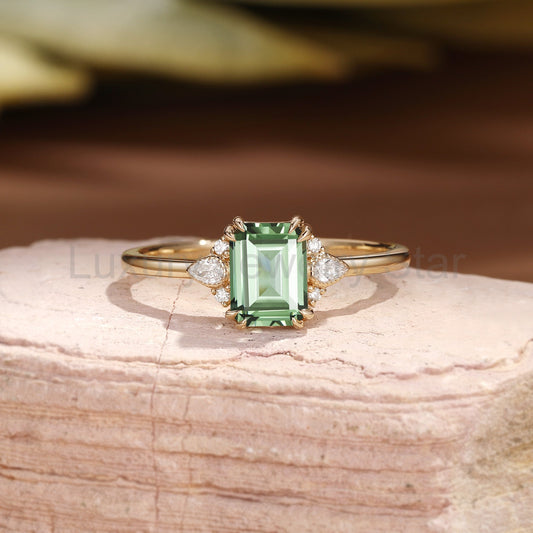 Classic Emerald Cut Mint Green Sapphire Cluster Engagement Ring - Cecelia