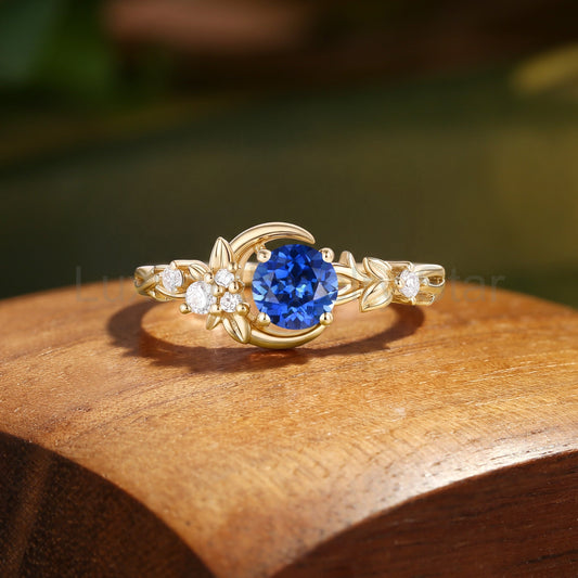 Crescent Moon & Floral Round Cut Sapphire Engagement Ring - Leonora