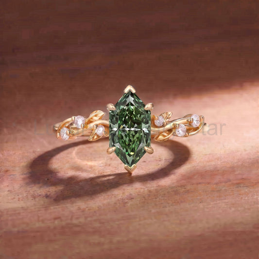 Dutch Marquise Cut Lab Green Sapphire Twisted Leaf Engagement Ring - Clarissa