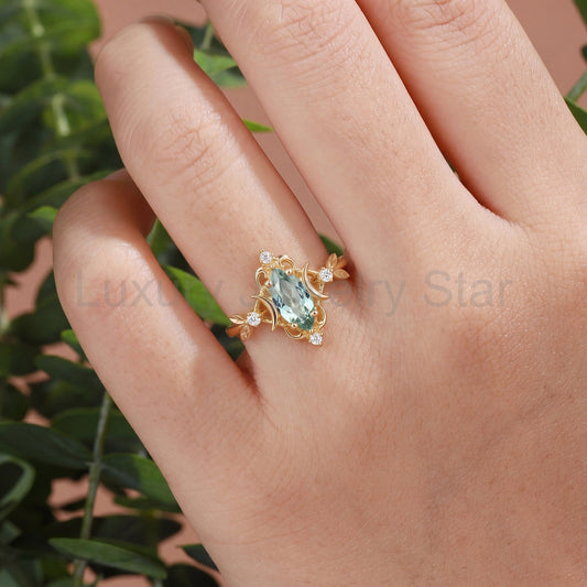 Flora Moon Marquise Cut Green Sapphire Leaf Engagement Ring - Ursa