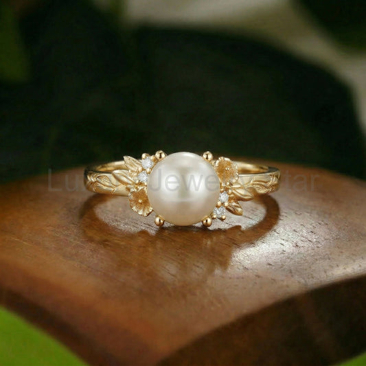 Floral Round Cut Pearl Flower Engraved Branch Engagement Ring - Charlotte