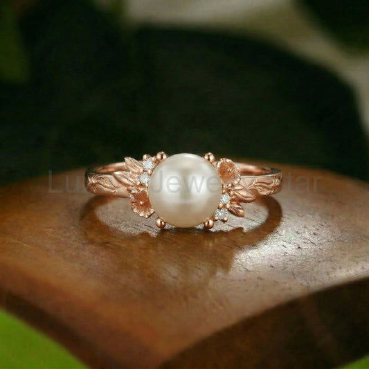 Floral Round Cut Pearl Flower Engraved Branch Engagement Ring - Charlotte