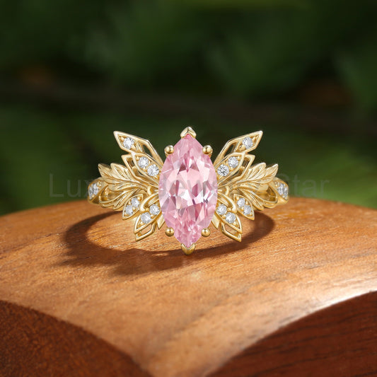 Forest Fairy Butterfly Wing Marquise Cut Pink Sapphire Leafy Engagement Ring - Inara