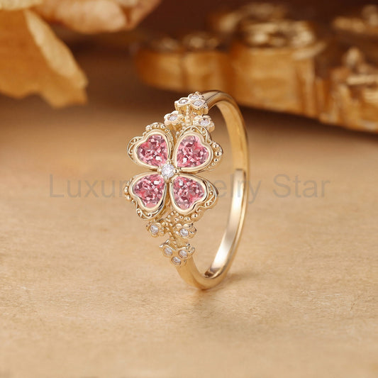 Four Leaf Clover Heart Cut Pink Sapphire Flower Filigree Engagement Ring - Faustine